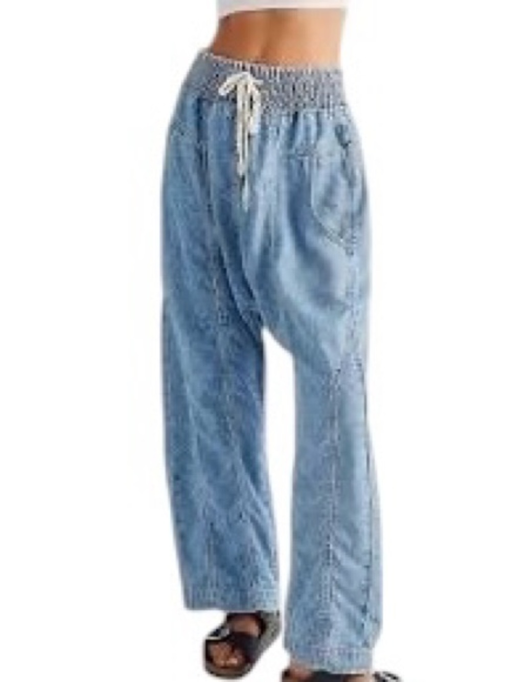 We The Free Arcadia Denim Harem Pants Jeans Blue Sz M Drawstring Relaxed Baggy